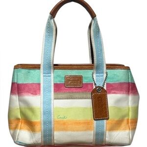 Coach Multicolor Pastel Stripe Canvas Tote with Tan Leather Trim